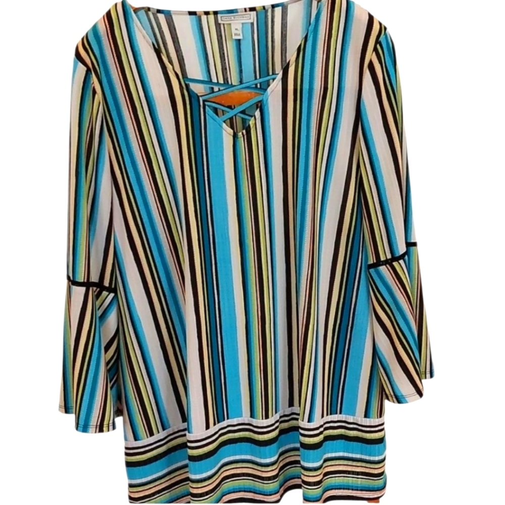 Dana Buchman Boho Striped Tunic XL EUC Turquoise Black White
